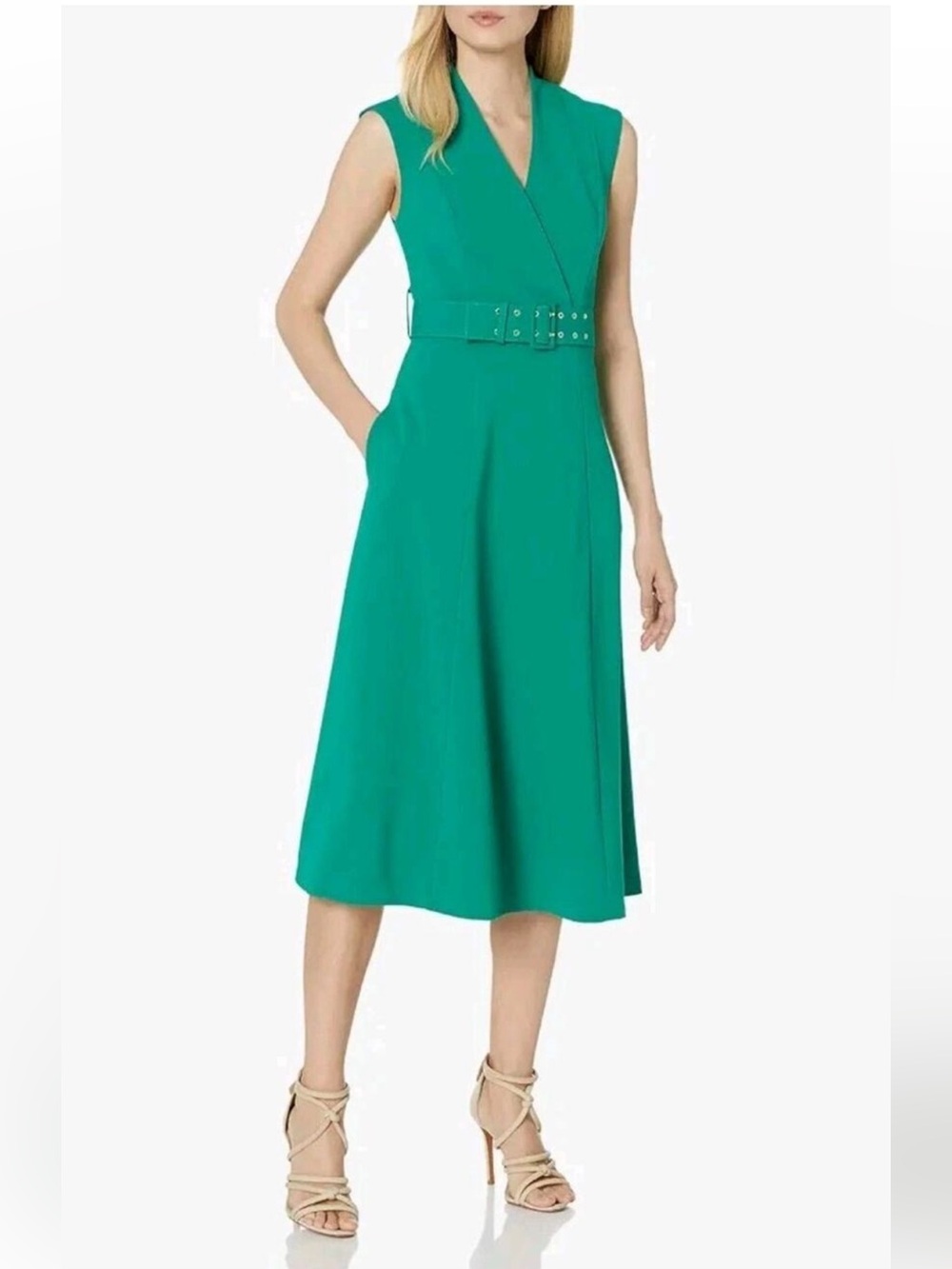 Calvin Klein Deep Green V-Neck Midi Dress with Belt